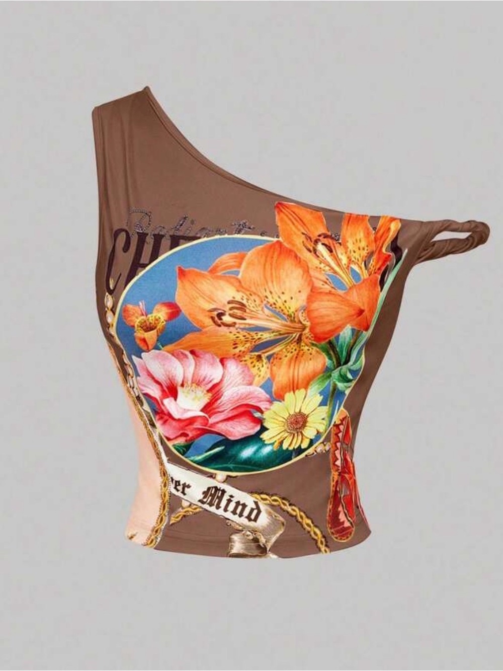 Brown One-Shoulder Floral Print Women's Top